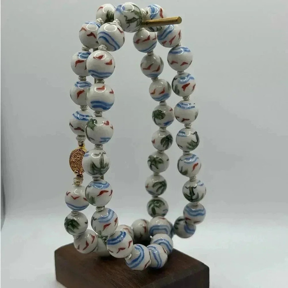 Vintage | Rare | Chinese porcelain hand painted necklace | palm trees & birds - Picture 3 of 15
